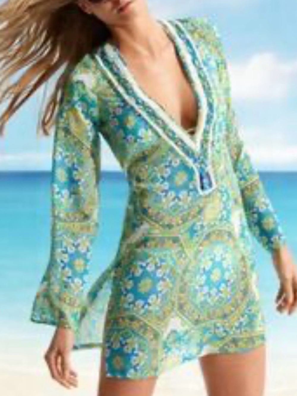 Jantzen Blue Green Paisley Swim Coverup Tunic with Beaded V-Neck M